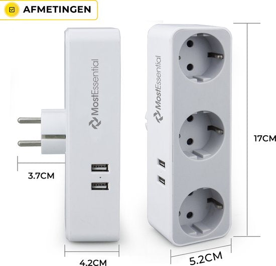MostEssential Premium 5-in-1-Steckdosenleiste – Steckdosenverteiler – 3 Steckdosen & 2 USB-Anschlüsse – horizontal – weiß