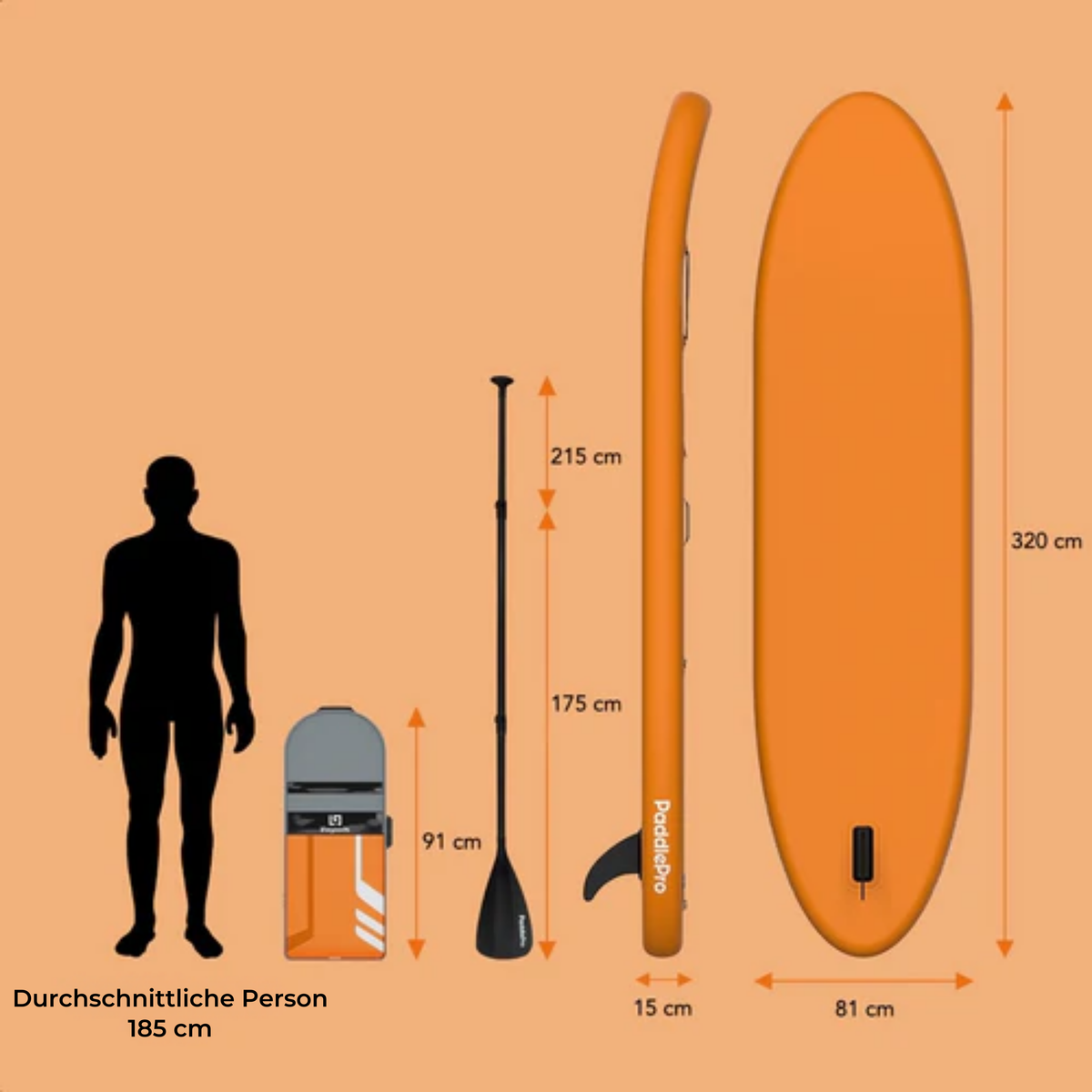 LifeGoods SUP Board - Deluxe Set - Mit Sitz - Aufblasbares Paddle Board - Max. 135KG - 320x81cm - Orange