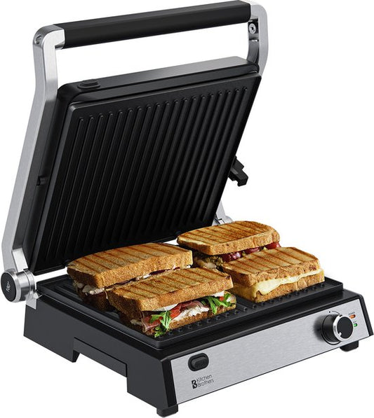 KitchenBrothers Contact Grill Deluxe - Grillgerät - Abnehmbare Grillplatten - Panini Grill - 5 Höheneinstellungen - 2000W - Edelstahl