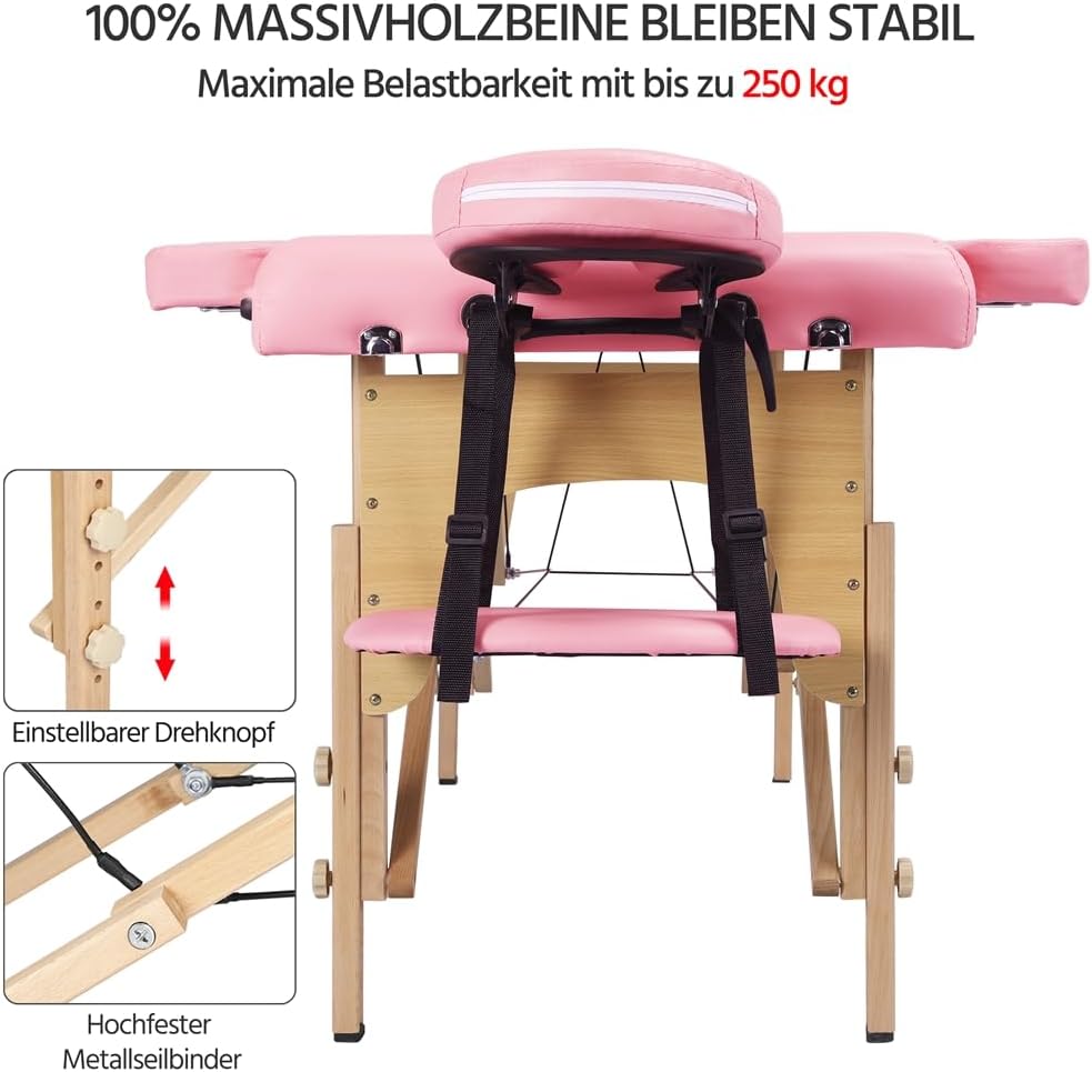 Yaheetech Massagetisch mit 3 Zonen – zusammenklappbar – 213 × 80 cm – Hellrosa