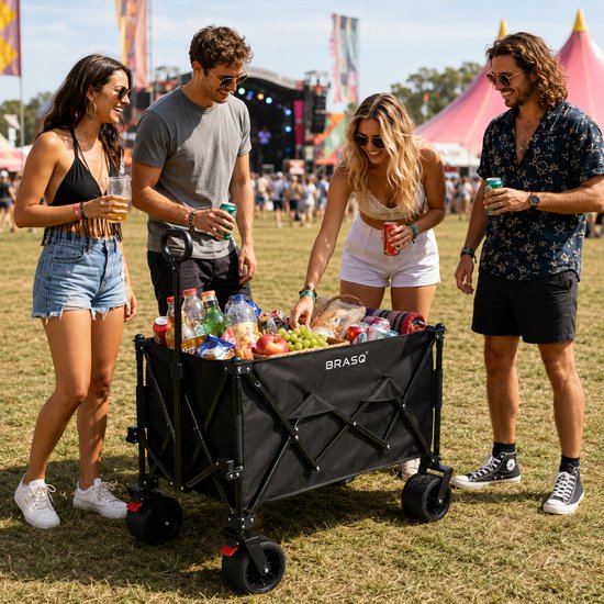 BRASQ Klappbarer Handwagen – 165 Liter – 100 kg Tragkraft – Schwenkbare Räder mit Bremse – 90 x 52 x 110 cm – Verstellbarer Griff – Zusammenklappbarer Handwagen – Schwarz