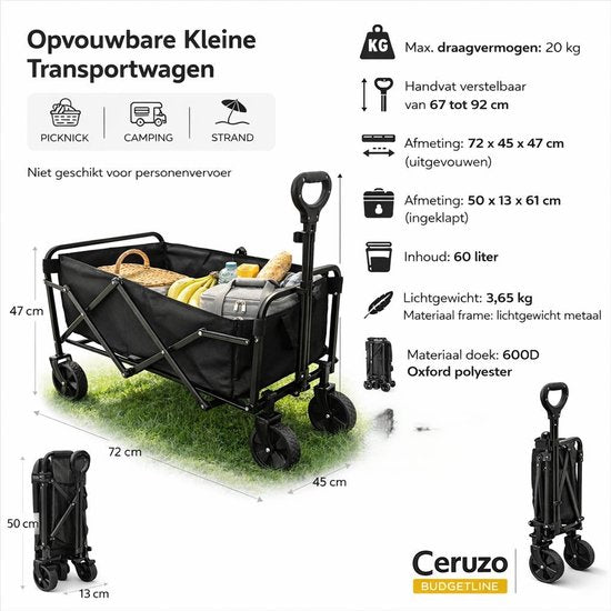 Ceruzo Bolderkar 60 l – zusammenklappbar – Transportwagen – Camping, Strand – max. 20 kg