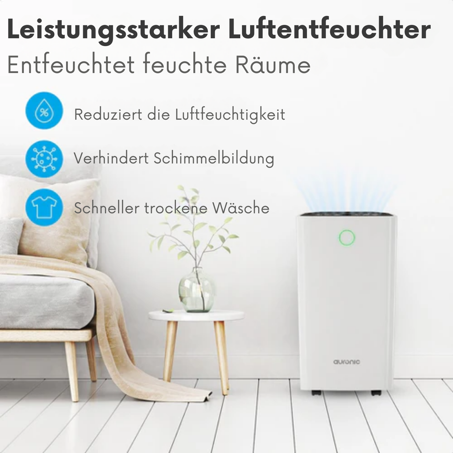 Auronic Luftentfeuchter - 12 Liter pro Tag - Wash-Dry-Funktion - 185 W - 30,5 x 26,5 x 52 cm - Weiß
