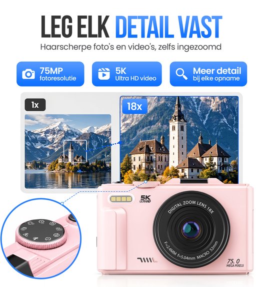 Strex Digitalkamera 5K 75 MP – Fotokamera – Kompaktkamera mit WLAN – Vlog-Kamera – Fotokamera für Kinder – 18-facher Zoom – schwenkbares Display – Rosa