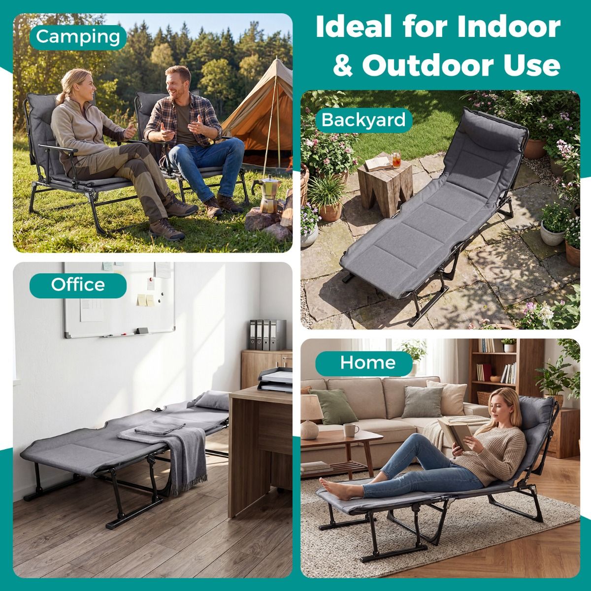 Coast Faltbares Campingbett 3-in-1 – verstellbare Rückenlehne – Kopfstütze – grau und schwarz