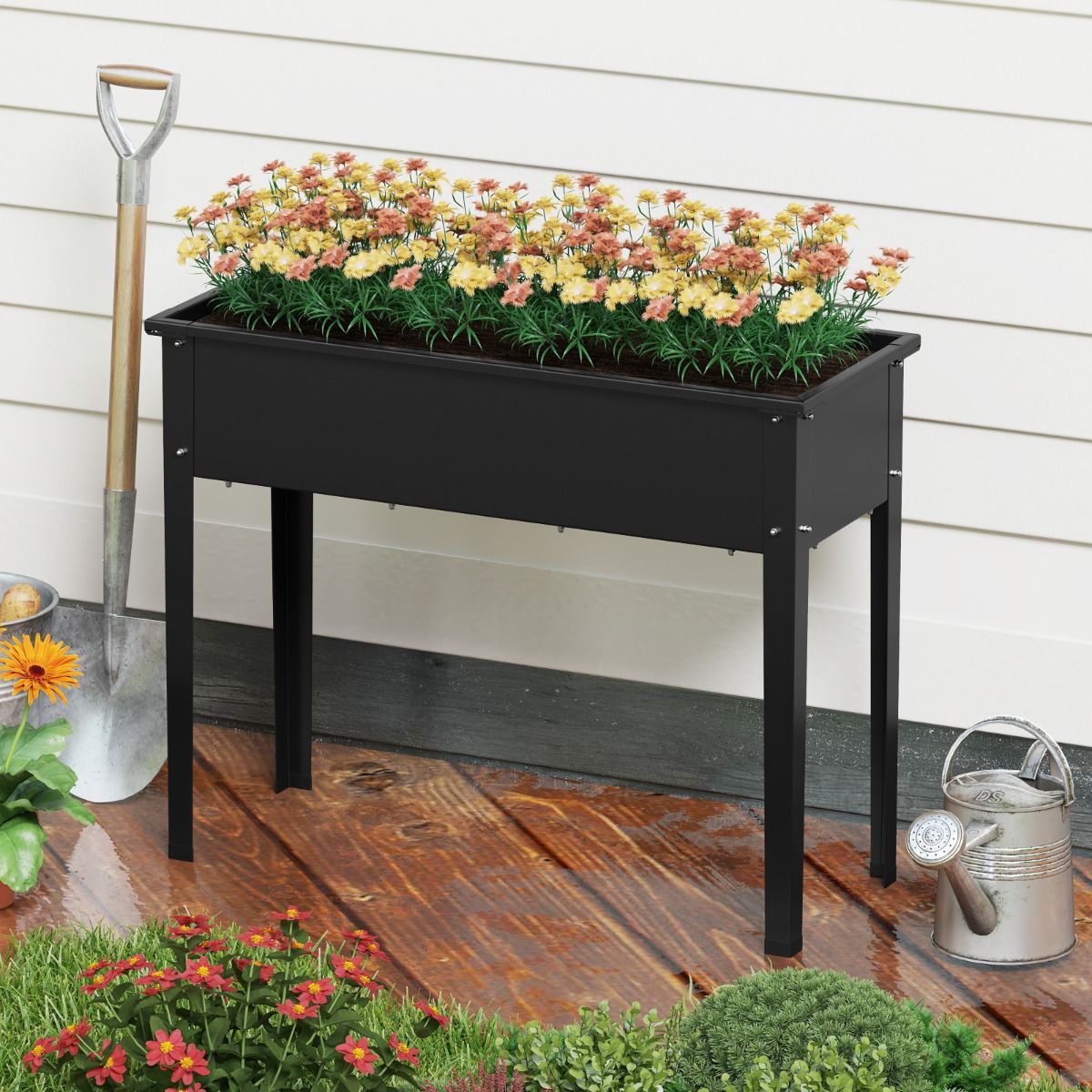 Coast Erhöhter Pflanzkübel – Gartenkübel aus Metall mit Füßen – mit Abflusslöchern – schwarz – 100 x 40 x 80 cm