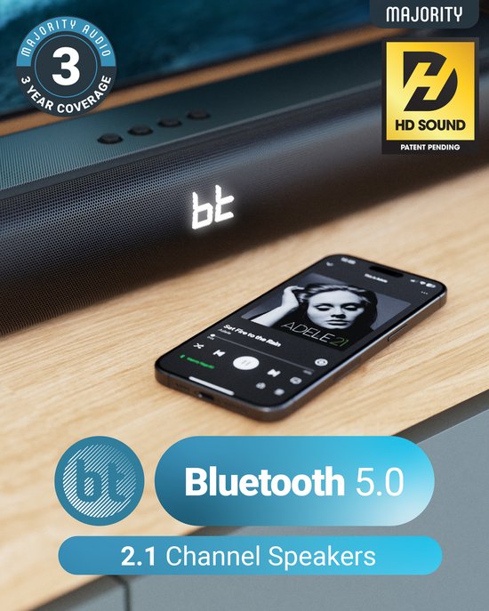 Majority Naga 60 Soundbar für TV - Inklusive Soundbar-Halterung - Mit eingebautem Subwoofer - Bluetooth 5.0, HDMI ARC, optischer und AUX-Anschluss - 2.1 Surround Sound - Fernbedienung - schwarz