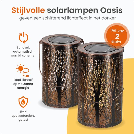 Goliving Solar Tischleuchte Oasis - Außenleuchte - 2 Stück - Außenlaterne - Solar Gartenleuchte - LED Außenleuchte - Pendelleuchte - 20 cm - Metall - Bronze