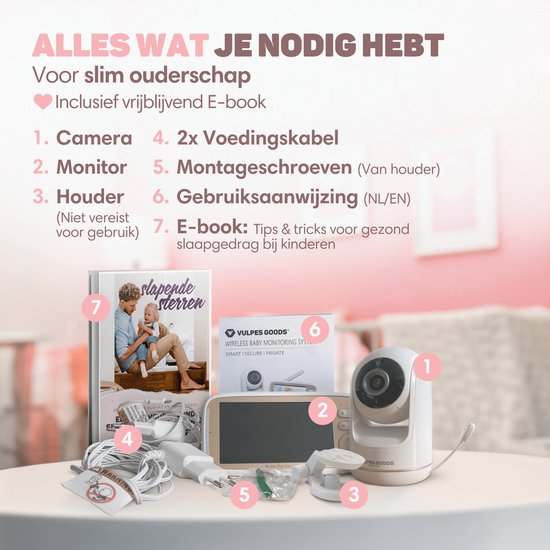 Vulpes Goods® Babycare Babyphone mit Kamera - Mit VOX - 5-Zoll- FULL HD Bildschirm - Fernbedienbar - Nachtsicht - PRO Version - Weiß