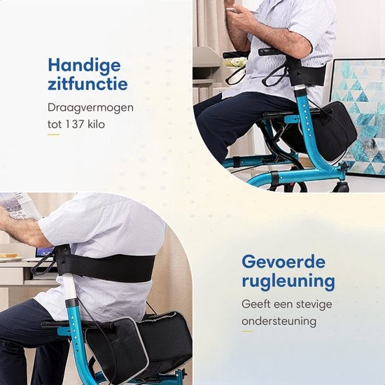 Safe Age - Rollator - leicht und faltbar - Sitzfunktion - für Innen- und Außenbereich - Rückenlehne und Gehstockhalterung