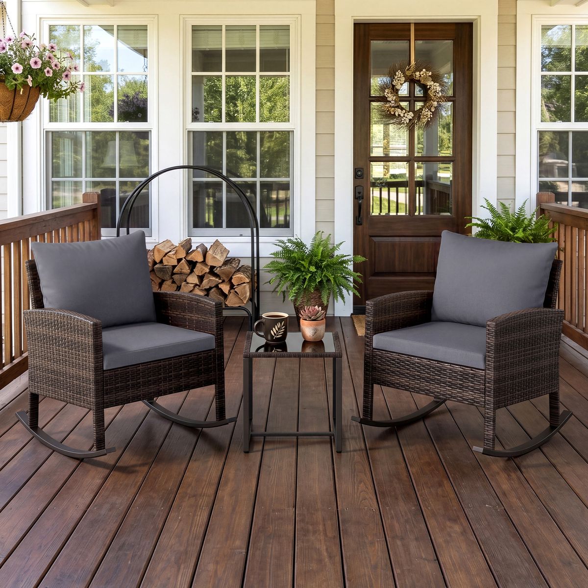 Coast 3-teiliges Gartenset – 2 Schaukelstühle und Beistelltisch – handgeflochtenes Rattan – grau