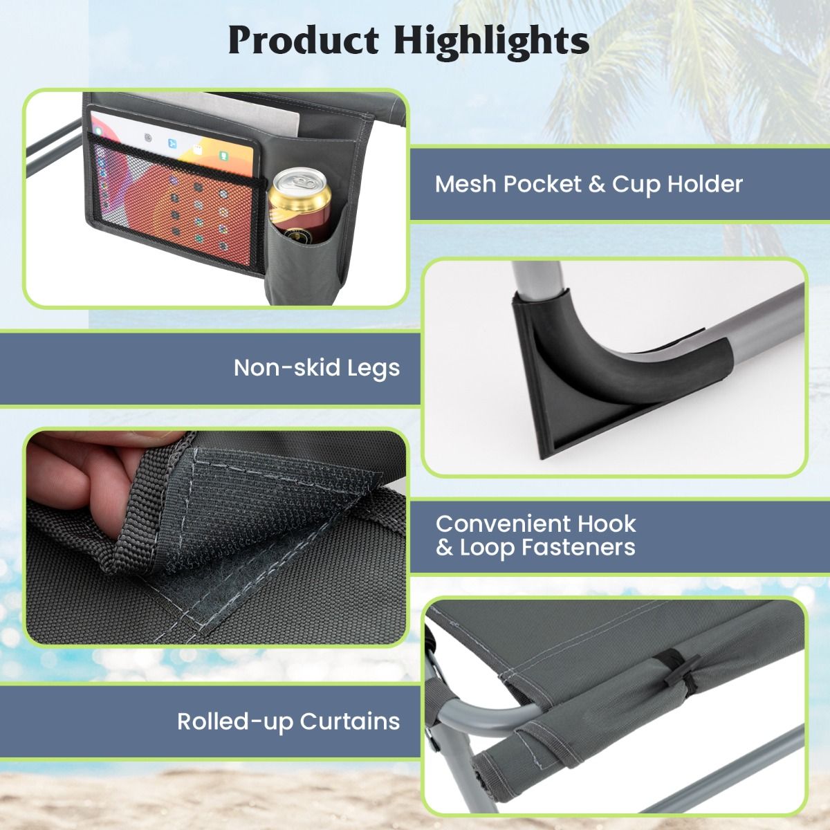 Coast Sonnenliege 193x60x34 cm Grau mit Gesichtsöffnung, verstellbarer Rückenlehne und Fußstütze, faltbar mit abnehmbarem Kissen und Seitentaschen