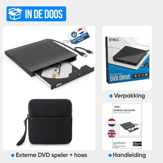 Externer DVD-Player und -Brenner von Strex - Mit Hülle - CD/DVD - Plug & Play - USB 3.0 DVD-Player - Geeignet für Windows, Mac und Linux - Optisches Laufwerk