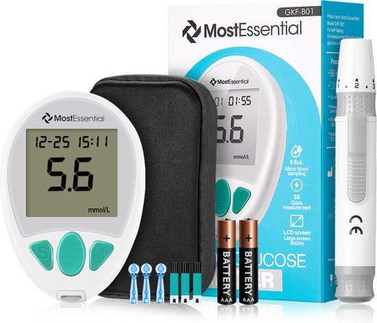 MostEssential Premium Blutzuckermessgerät Starter Kit - Blutzuckermessgerät - Diabetes Messgerät - Alles in einem Set - Inklusive Aufbewahrungstasche, Stechhilfe, 10 Teststreifen & 10 Lanzetten