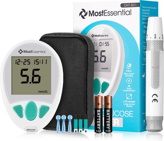 MostEssential Premium Blutzuckermessgerät Starter Kit - Blutzuckermessgerät - Diabetes Messgerät - Alles in einem Set - Inklusive Aufbewahrungstasche, Stechhilfe, 10 Teststreifen & 10 Lanzetten