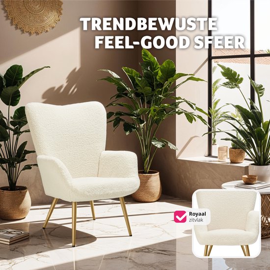 tectake Ohrensessel im skandinavischen Stil - Teddy Chair Hygge - Sessel für Wohnzimmer, Schlafzimmer - Loungesessel - Goldfarbene Metallbeine - Belastbarkeit bis 150 kg - Creme