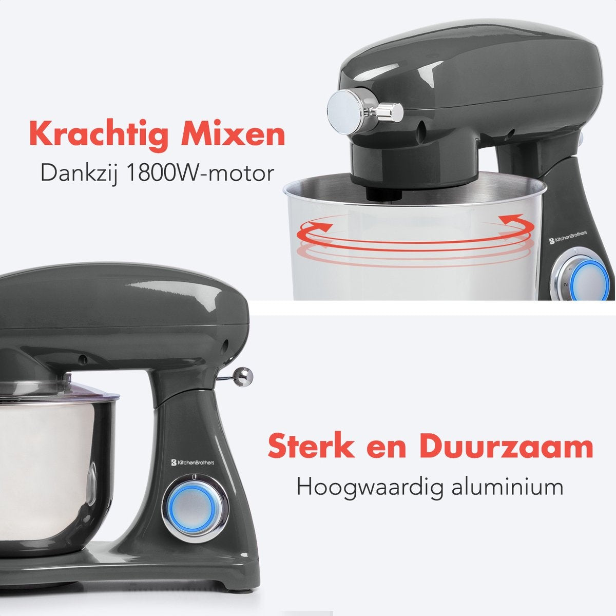 KitchenBrothers Küchenmaschine - Küchenroboter - 6L Rührschüssel - 1800W - Aluminium - Anthrazit