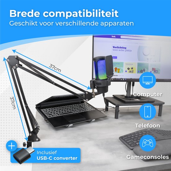 Nuvance - USB-Mikrofon mit Arm - für PC und Gaming-Mikrofon - mit Rauschfilter - inklusive USB-C-Konverter - Streaming-Mikrofon - RGB