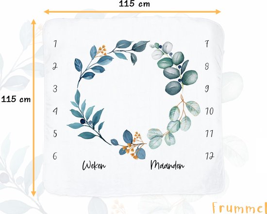 Frummel Milestone blanket 'Leaves' - Milestone blanket - Milestone baby - Baby Gift Boy - Baby Gift Girl - Baby Shower Gift - Baby Gift - Milestone blanket in Dutch - Muttertagsgeschenk - 115 x 115 cm
