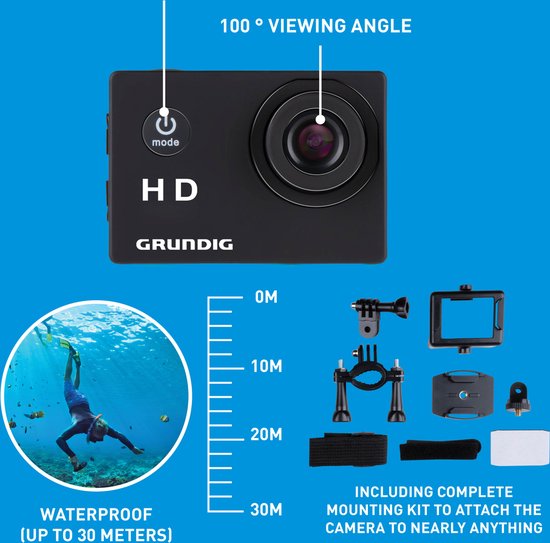 Grundig Action Camera HD720P - Unterwasserkamera - Wasserdicht bis zu 30M - 2" LCD Bildschirm - Inkl. diversem Zubehör - Bewegungserkennung - Schwarz