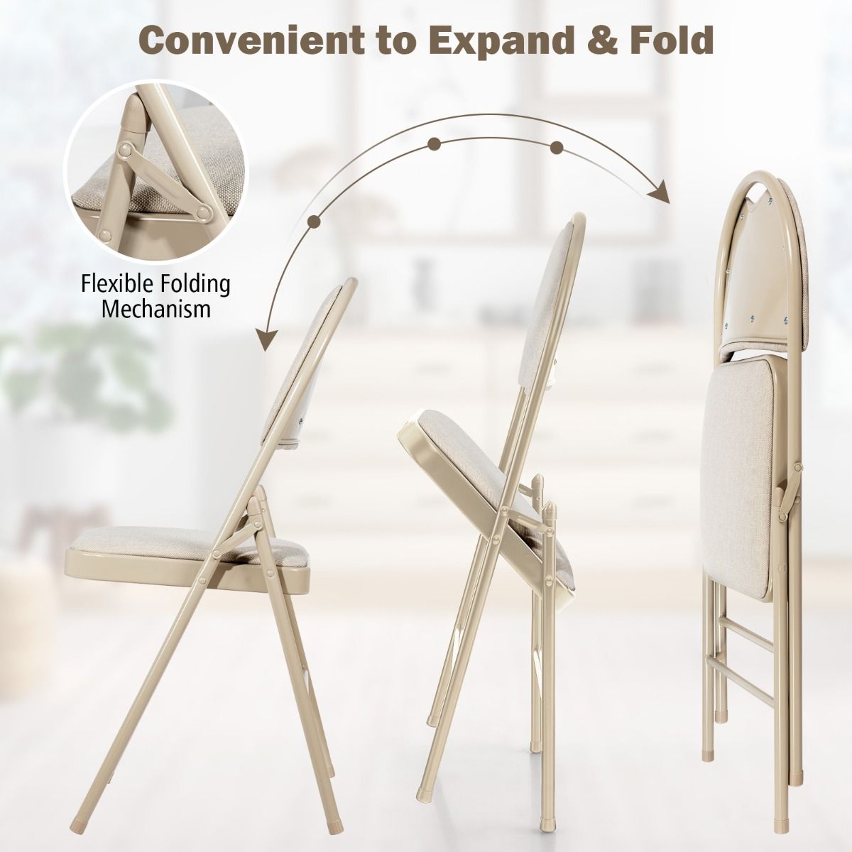 Coast 4-tlg. tragbares Klappstuhl-Set - Metallgestell, gepolsterter Sitz und stoffbezogene Rückenlehne, Beige, 47 x 50 x 88,5 cm