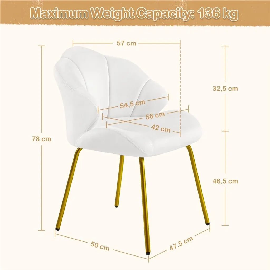 Yaheetech Esszimmerstuhl 56 x 57 x 78 cm – Weiß – Gepolsterter Muschelstuhl mit Metallbeinen