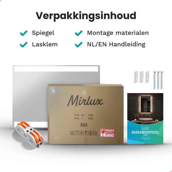 Mirlux Badezimmerspiegel mit LED-Beleuchtung & Heizung - Wandspiegel rechteckig- Anti-Kondensations-Duschspiegel - 90x65CM