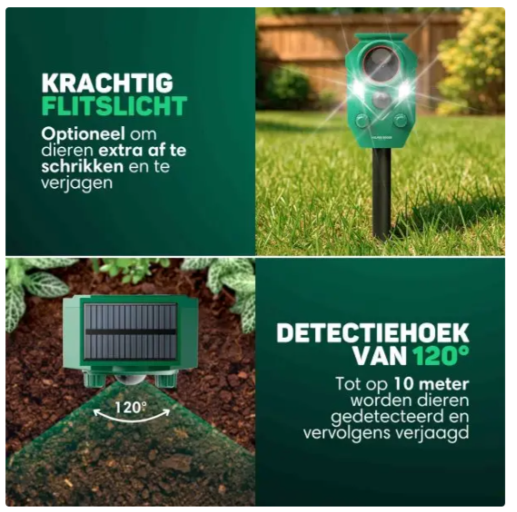 Vulpes Goods® - Katzenvertreiber Premium - 5 x 9 x 14 cm - Mit 5 Arbeitsmodi und PIR-Sensor und LED-Blitzlicht und Solarenergie - Für Garten und Balkon - Grüner Kunststoff
