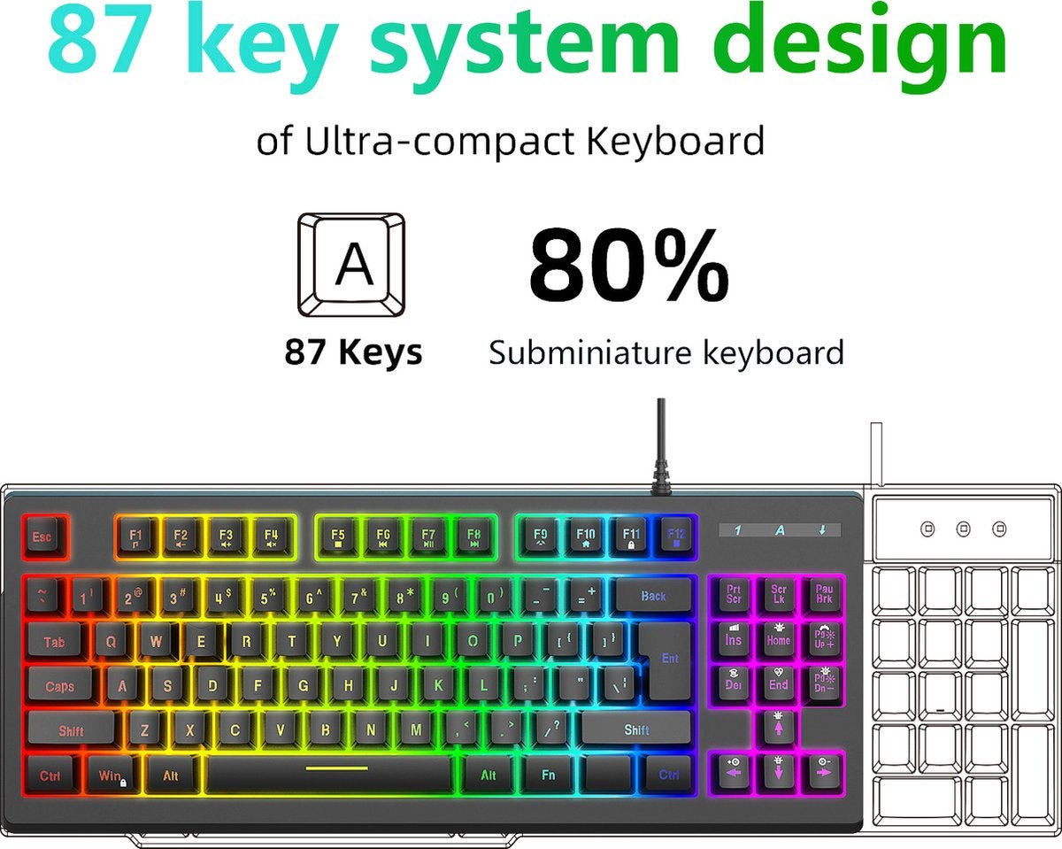 Fuegobird V100 Wired Gaming Keyboards - Membrantastatur - RGB Beleuchtung - TKL - 87 Tasten - Schwarz