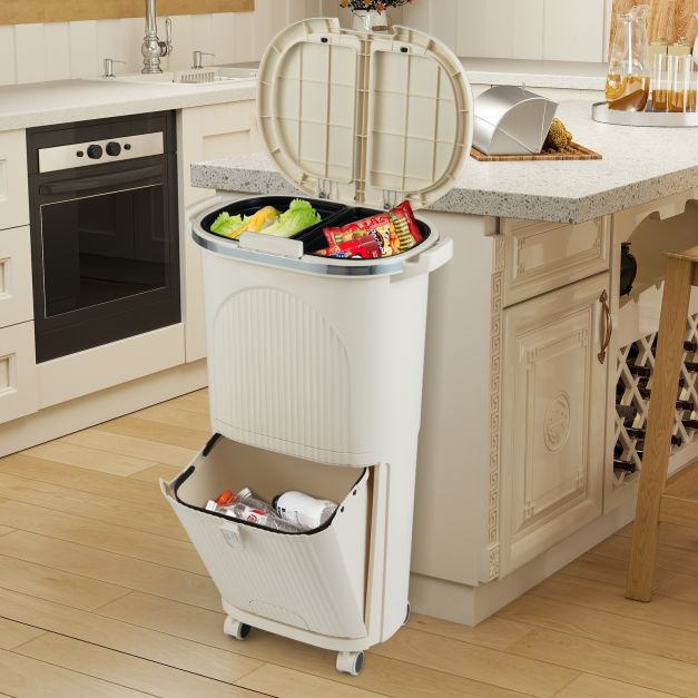 Coast Abfalltrennbehälter Beige - 38L Abfallbehälter mit 3 Fächern, Pedal und Rädern - 43 x 29 x 74,5 cm