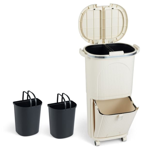 Coast Abfalltrennbehälter Beige - 38L Abfallbehälter mit 3 Fächern, Pedal und Rädern - 43 x 29 x 74,5 cm