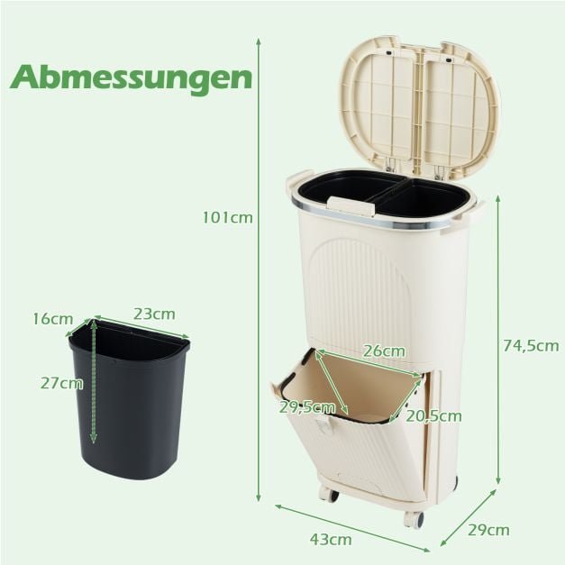 Coast Abfalltrennbehälter Beige - 38L Abfallbehälter mit 3 Fächern, Pedal und Rädern - 43 x 29 x 74,5 cm