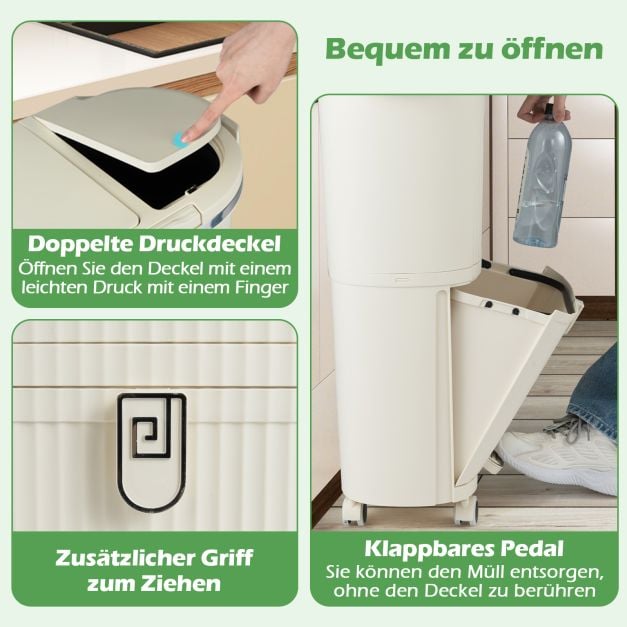 Coast Abfalltrennbehälter Beige - 38L Abfallbehälter mit 3 Fächern, Pedal und Rädern - 43 x 29 x 74,5 cm