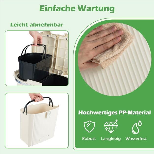 Coast Abfalltrennbehälter Beige - 38L Abfallbehälter mit 3 Fächern, Pedal und Rädern - 43 x 29 x 74,5 cm