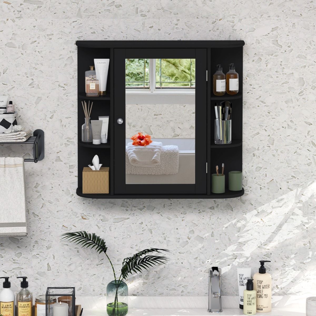 coast Spiegelschrank Bad - 66×17×62 cm - Schwarz - Wandschrank mit Spiegeltür & offenen Regalen