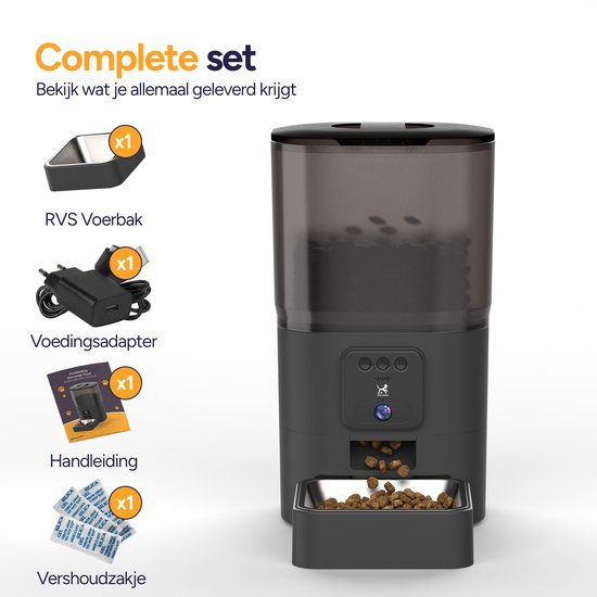 Viervoeter Feed Pro – Automatischer Futterspender 6 l – HD-Kamera & Audio – Für Katzen und Hunde – Futterspender mit App – Schwarz
