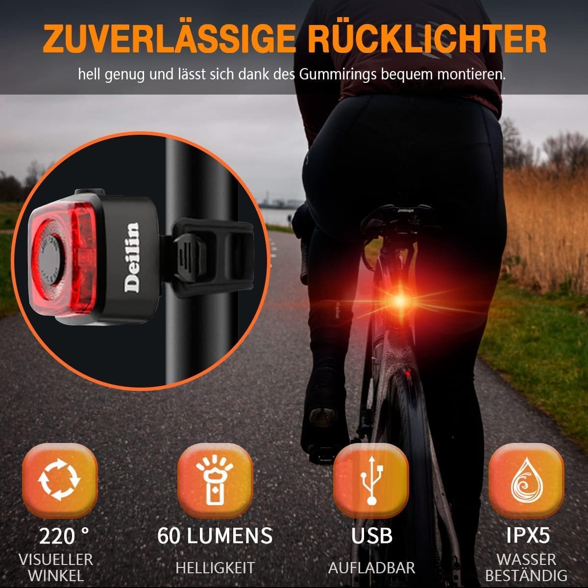 Deilin Fahrradbeleuchtungsset Premium – Mit intelligenter Helligkeitsregelung, Akkustandsanzeige und IPX5-wasserdichtem Gehäuse – Zur Montage am Lenker und für mehr Sicherheit im Straßenverkehr – Schwarzes Polycarbonat – 100 Lux