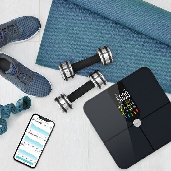 e.volve Personenwaage Digital - 16x - Intelligente Waage - mit Körperanalyse - inkl. App - Schwarz