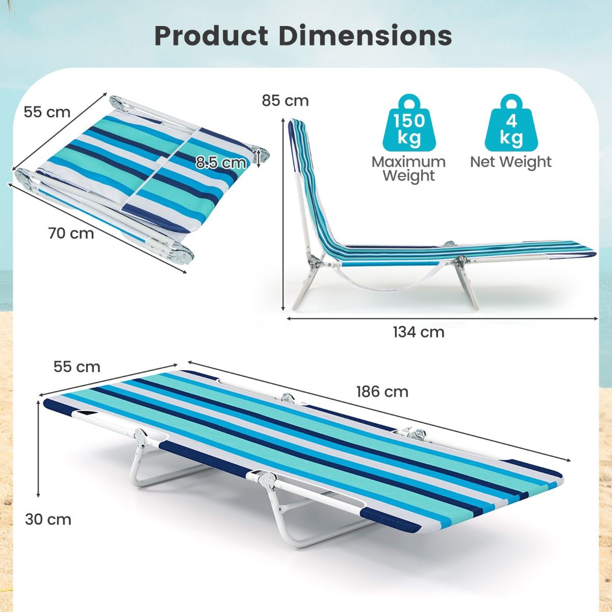 Coast Klappliegestuhl, 2-teilig – in 5 Positionen verstellbar – marineblau – 186 x 55 x 30 cm