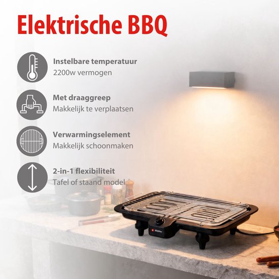 alpina Elektrischer 2-in-1-Grill 2200 W – Elektrischer Tischgrill mit Thermostat – Elektrischer Grill mit Warmhaltefunktion – Elektrischer Tischgrill mit verstellbarem Rost – 51 x 30 cm – Schwarz