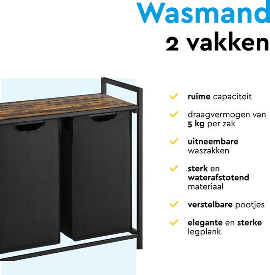BRASQ Wäschekorb 2 Fächer - Wäschesortierer 76 Liter - Ausziehbar mit Regal 73x33x71 cm - Wäschebox Schwarz Metall - Braunes Holz - Korb