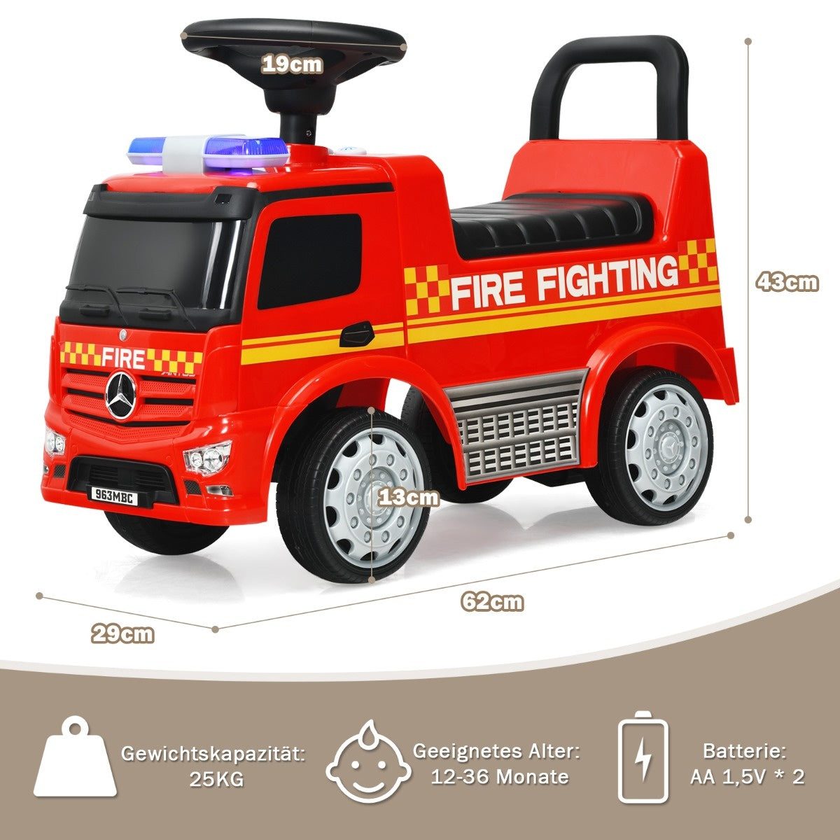 Coast Kinder-Feuerwehrauto Lizenzierter Mercedes Benz Schiebewagen 62 x 29 x 43 cm rot