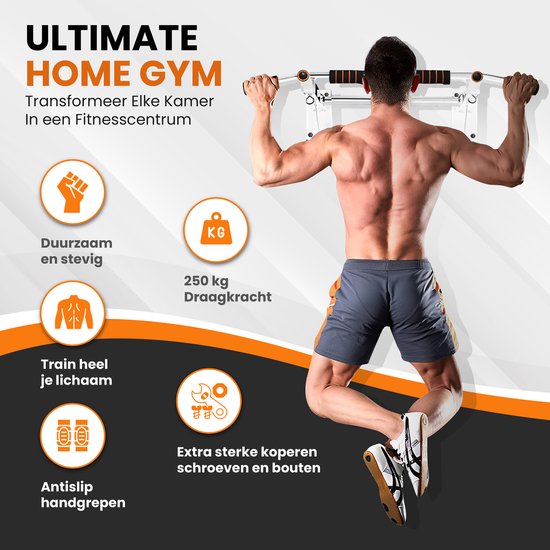 TTD® Premium Klimmzugstange - Klimmzugstation - Wandklimmzugstange - Dip Station - Dip Bars - Home Sports - Home Fitness - Hochwertige Materialien - Extra stabile Befestigungsteile - Heimtraining - Weiß/Orange