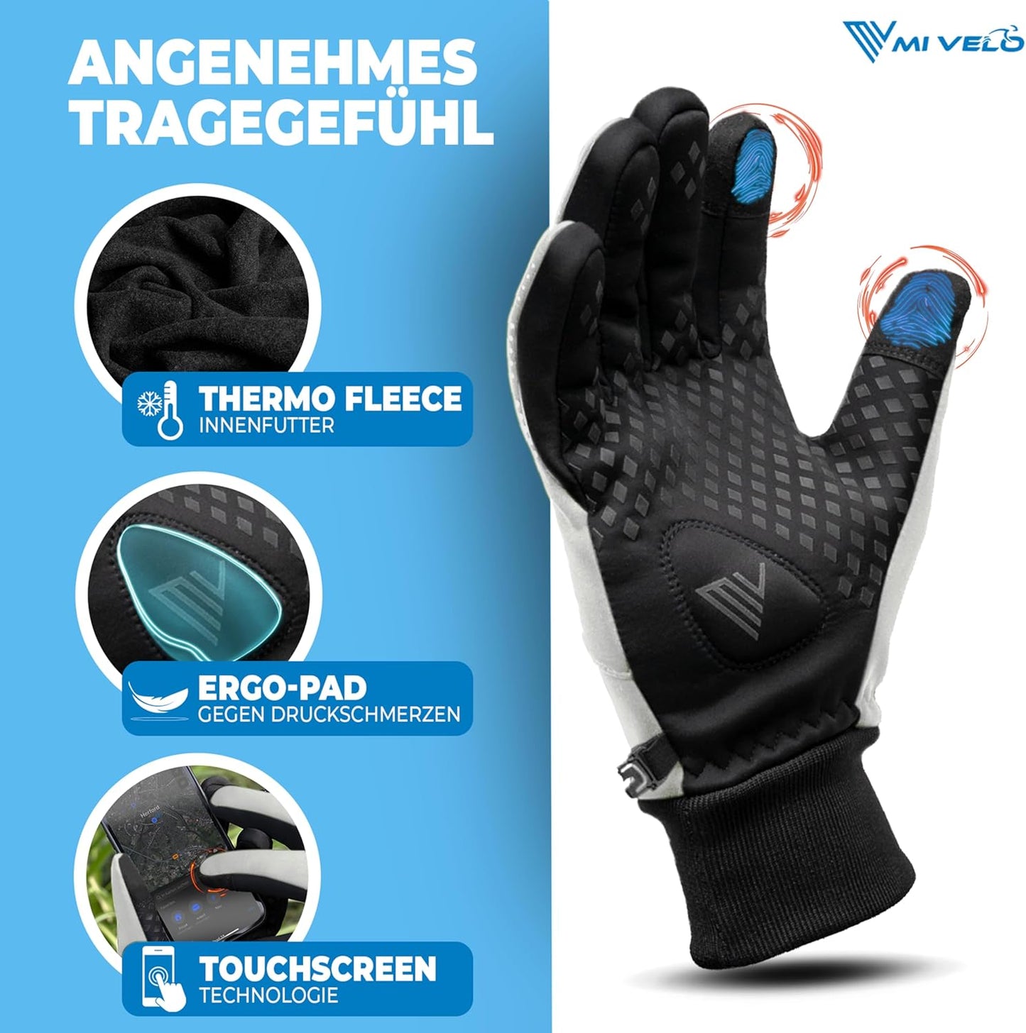 MIVELO Cycling Handschuhe VELORIDER - Wind- und wasserdicht - Funktioniert mit Touchscreens - Reflektierend - Größe M