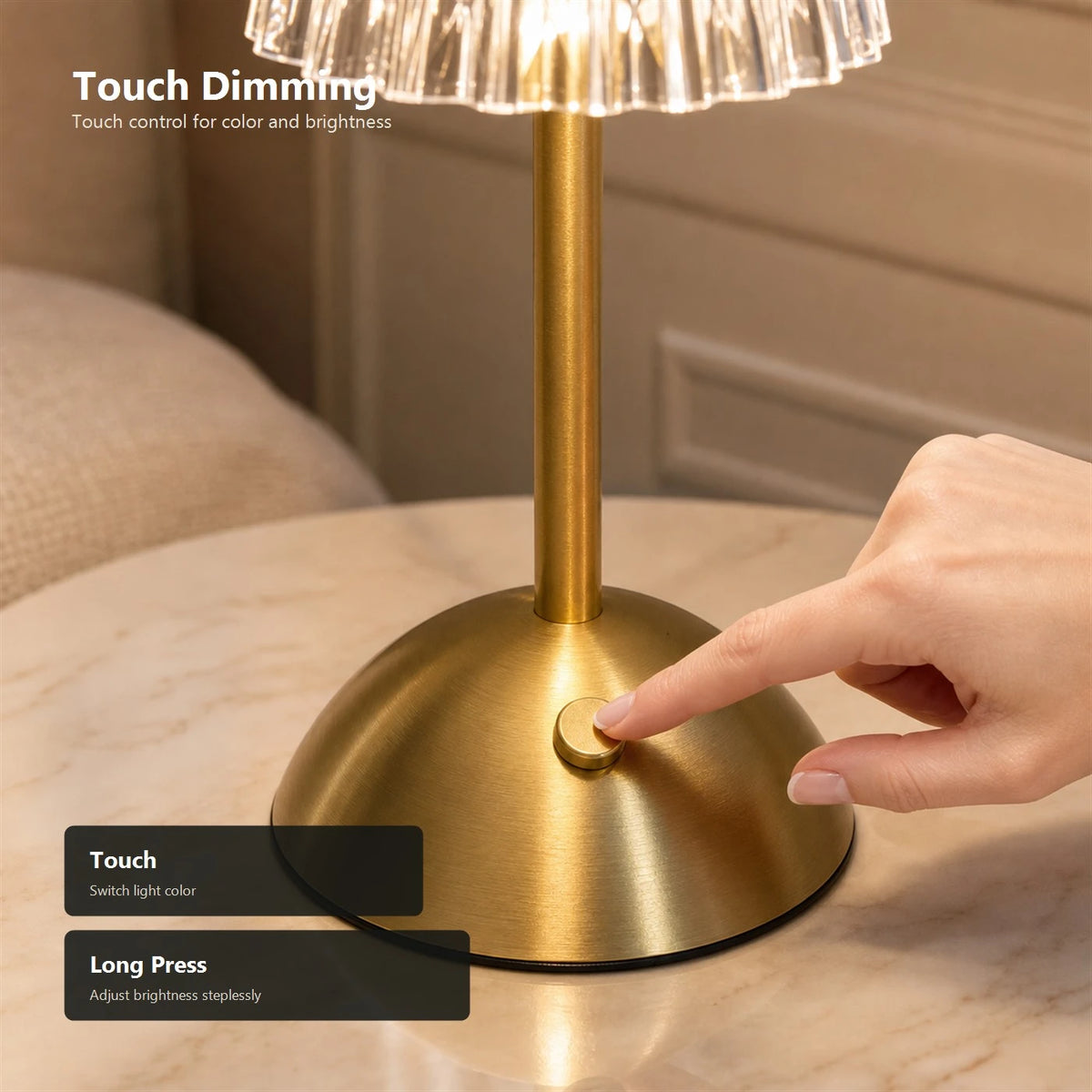Kabellose LED-Tischlampe mit Touch-Bedienung – 3 Lichtfarben – stufenlos dimmbar – 1800 mAh – über USB-C aufladbar – 8–10 Stunden – Gold