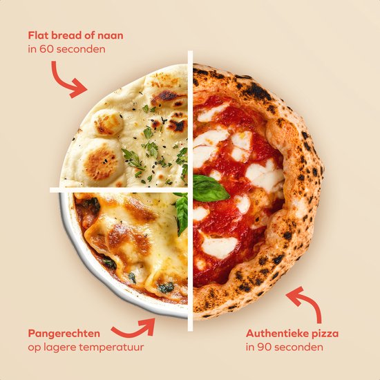 KitchenBrothers Pizzaofen - Elektrisch - Tischmodell - PFAS-frei - Zusammenklappbar - Pizzastein - Pizzabäcker - Pizzaofen für draußen und drinnen - Schwarz/Grau
