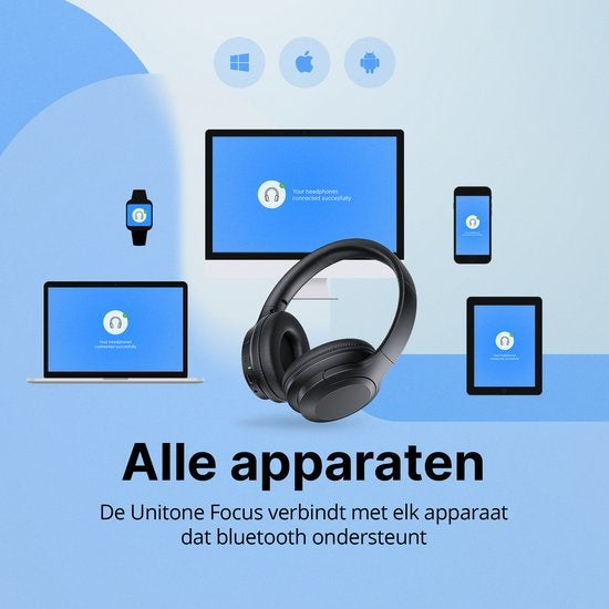 Unitone - Focus Kopfhörer Wireless - Aktive Geräuschunterdrückung - Over-Ear - Geeignet für Apple & Android - schwarz