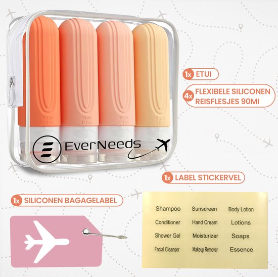 EverNeeds Reiseflaschen mit Beutel - Nachfüllbar - Silikon-Reiseflaschen Handgepäck - Rosa - 4 Stück