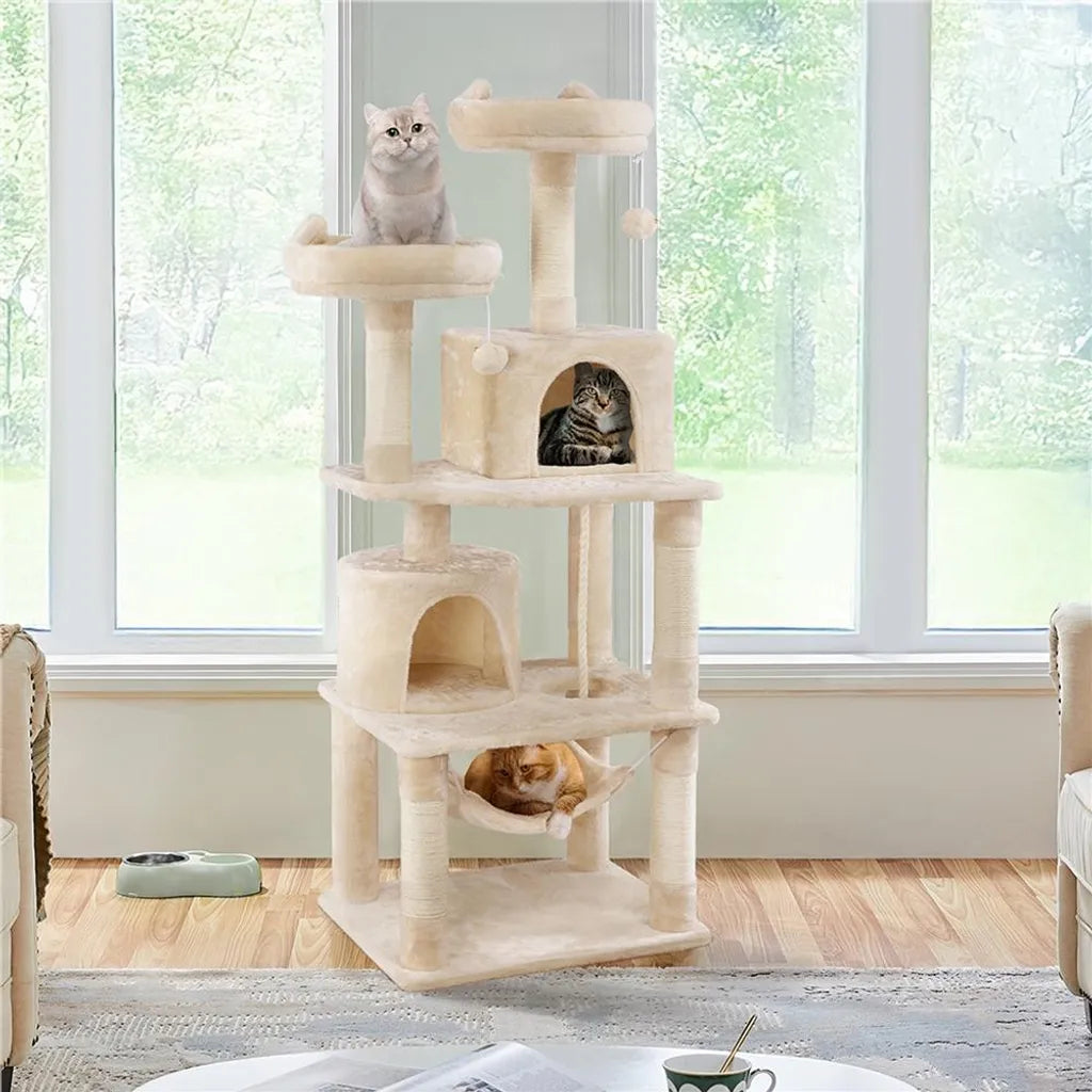 Yaheetech Kratzbaum Beige - 158 cm hoch - Mit 2 Plattformen, 2 Katzenhäusern und 5 Sisal-Kratzbäumen
