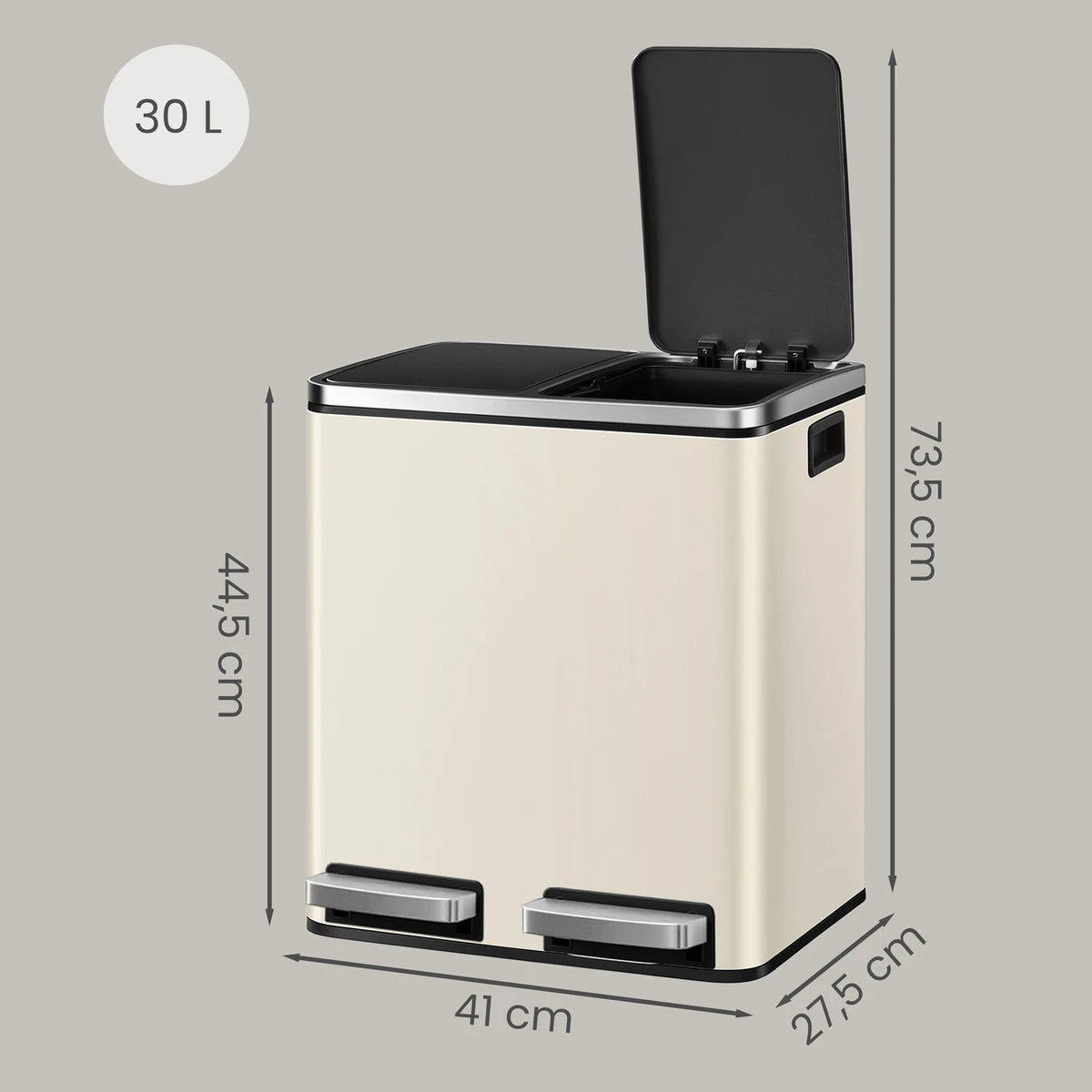 Joyfurnos Doppel-Treteimer – Beige & Schwarz – 2 x 15 Liter – Softclose-Deckel – Stahl – 41,8 x 35,9 x 44,5 cm